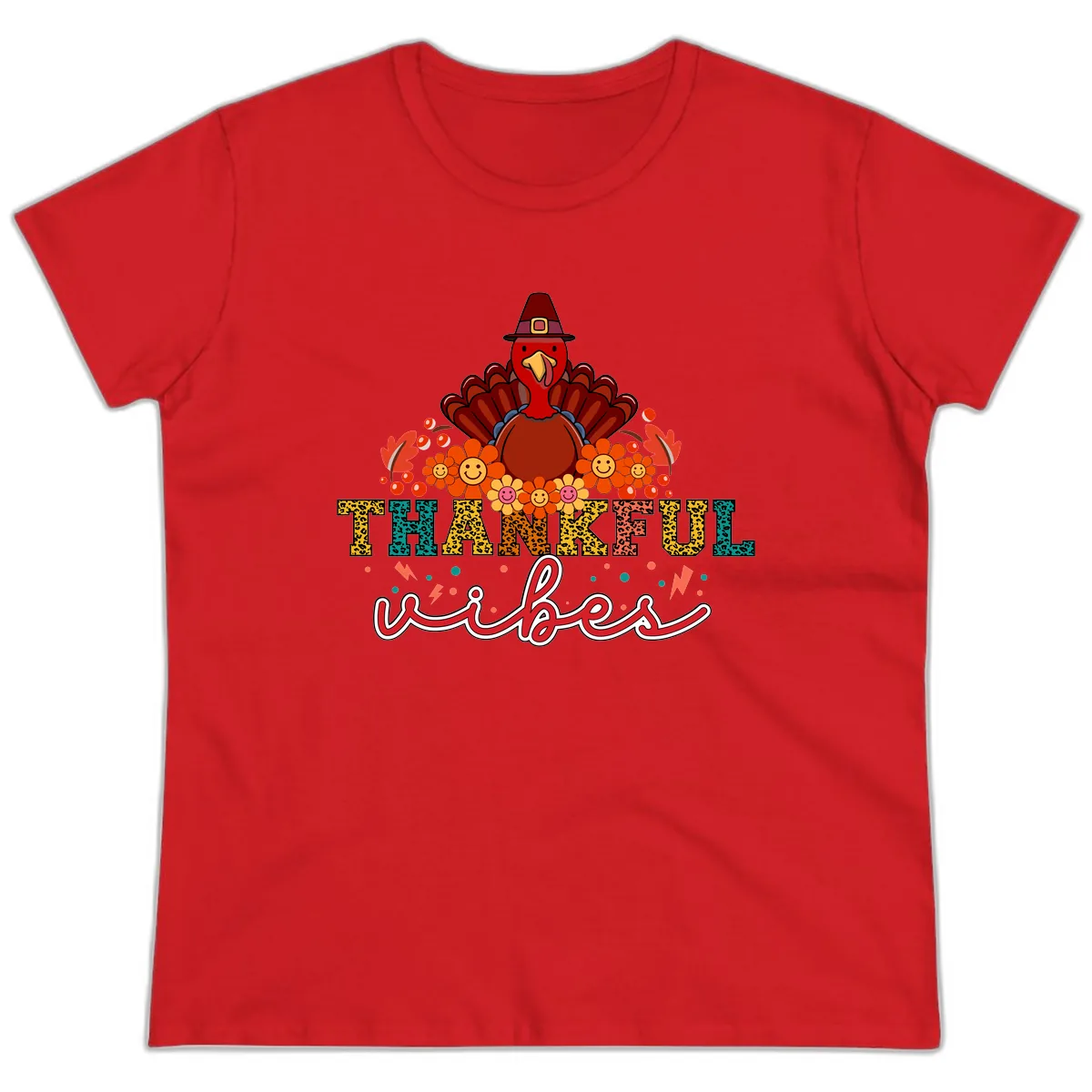 Turkey Vibes Thanksgiving Design Ladies Tee in Red